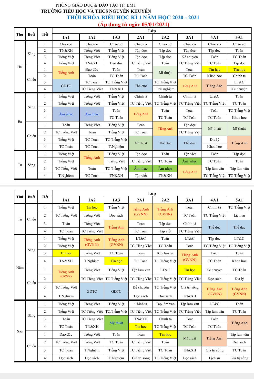 THỜI KHÓA BIỂU HỌC KÌ II  (ÁP DỤNG 05/01/2021)